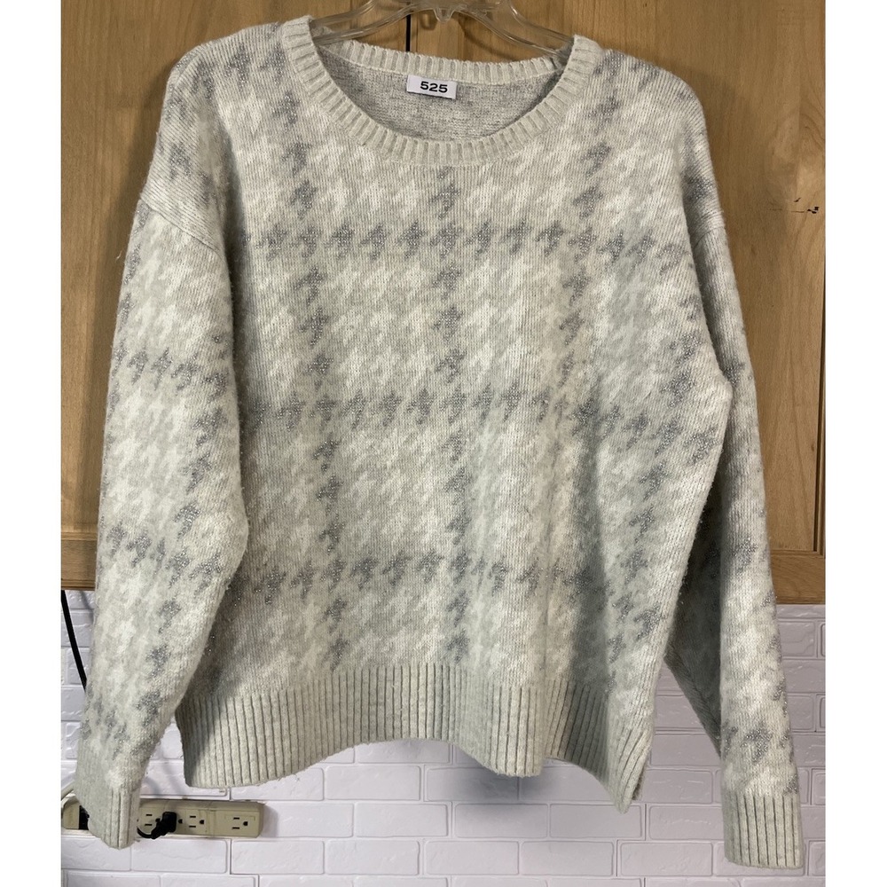 525 America Houndstooth Sweater Womens Large Grey Metallic Shimmer Knit Crewneck